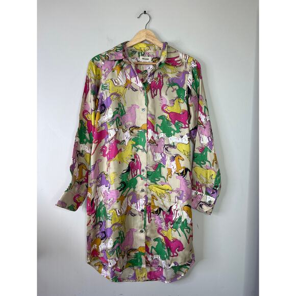 NEW Zadig & Voltaire Rais Twill Horses Long Sleeve Silk Knee Length Mini Dress - Picture 2 of 7